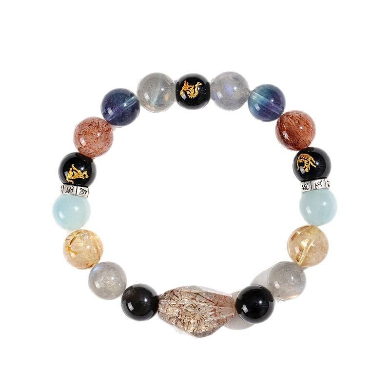 chinese bracelet – natural super seven crystal beads with black gold zodiac charm for wealth & energy balance - star8s