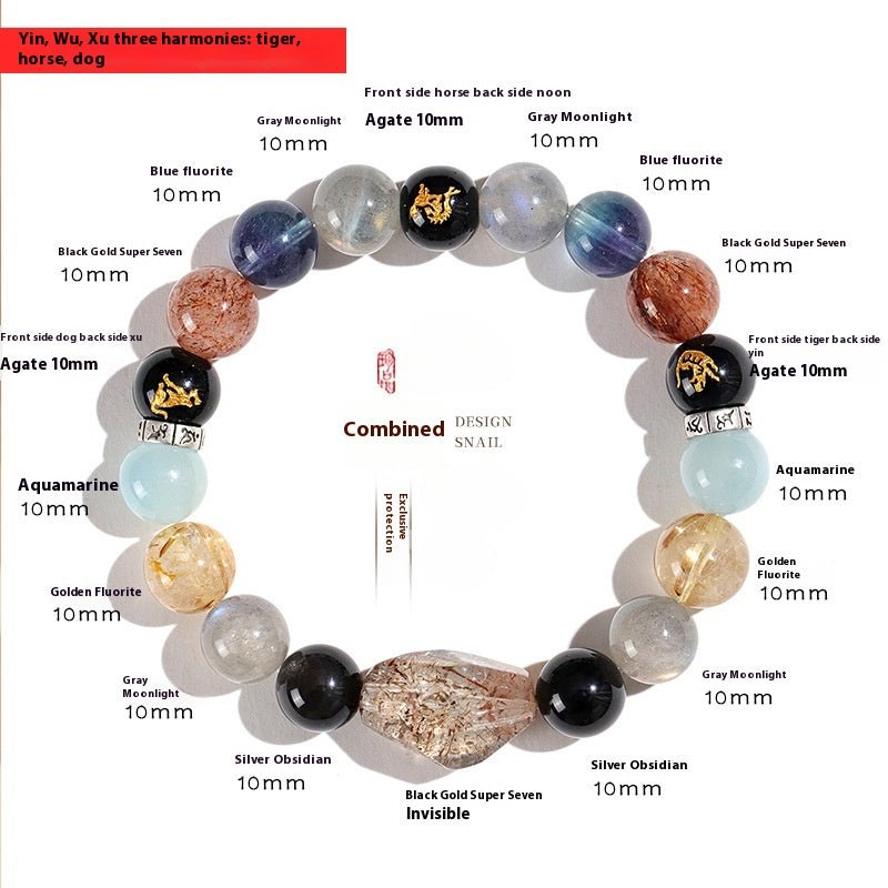 Chinese Bracelet – Natural Super Seven Crystal Beads with Black Gold Zodiac Charm for Wealth & Energy Balance - STAR8S
