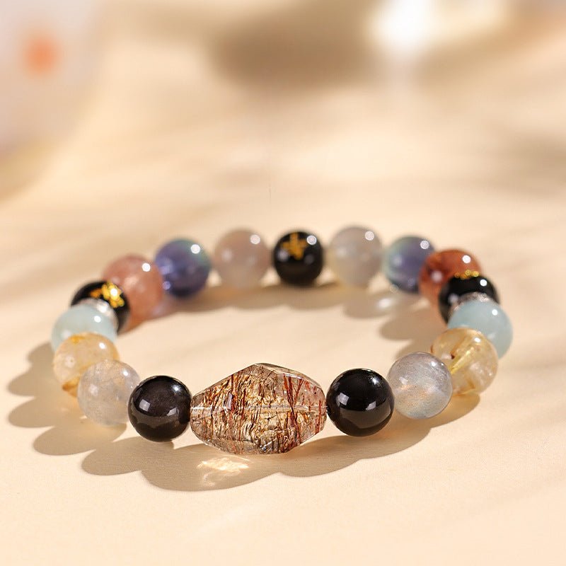 chinese bracelet – natural super seven crystal beads with black gold zodiac charm for wealth & energy balance - star8s