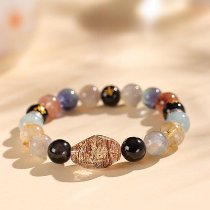 Chinese Bracelet – Natural Super Seven Crystal Beads with Black Gold Zodiac Charm for Wealth & Energy Balance - STAR8S