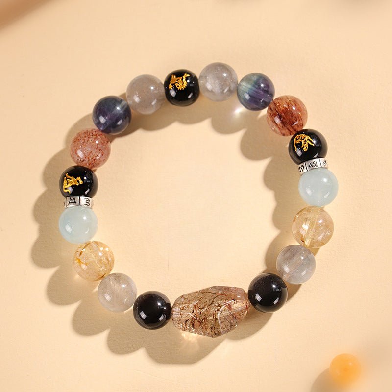 Chinese Bracelet – Natural Super Seven Crystal Beads with Black Gold Zodiac Charm for Wealth & Energy Balance - STAR8S
