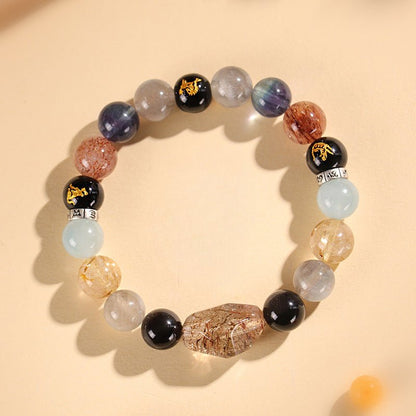Chinese Bracelet – Natural Super Seven Crystal Beads with Black Gold Zodiac Charm for Wealth & Energy Balance - STAR8S