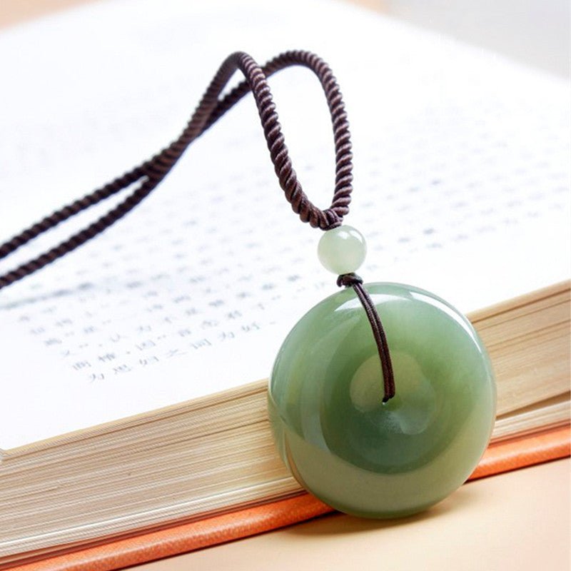 Chinese Jade Ping An Kou Pendant - 22mm Unisex Green Hetian Jade Necklace - Simple & Elegant - STAR8S