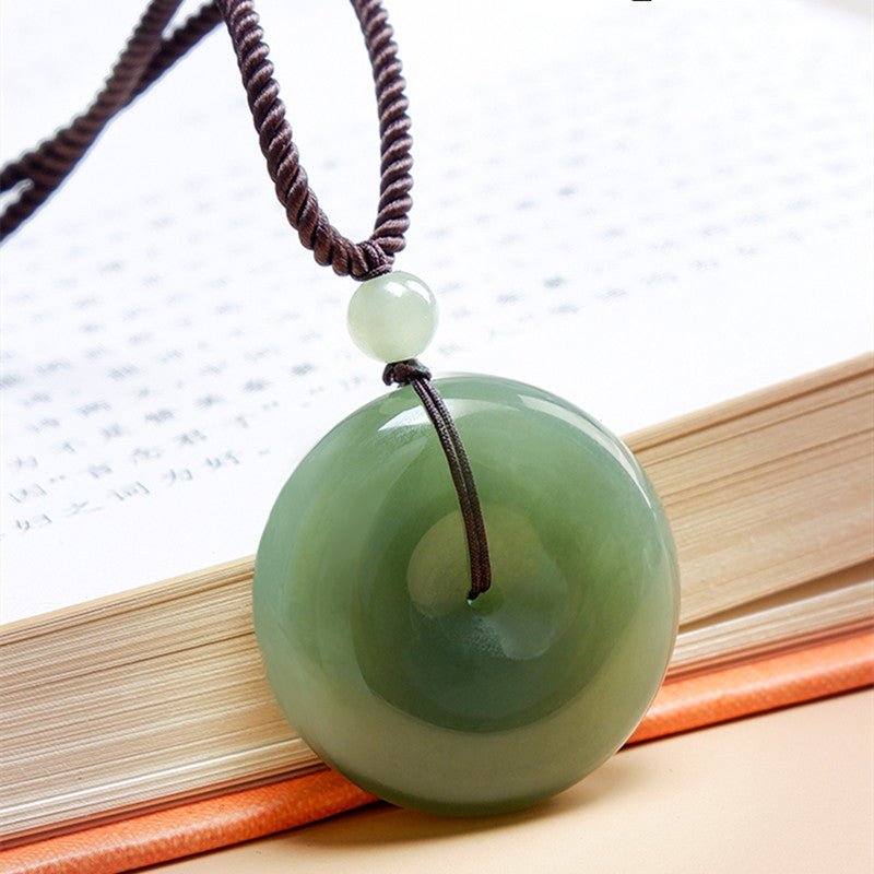 Chinese Jade Ping An Kou Pendant - 22mm Unisex Green Hetian Jade Necklace - Simple & Elegant - STAR8S