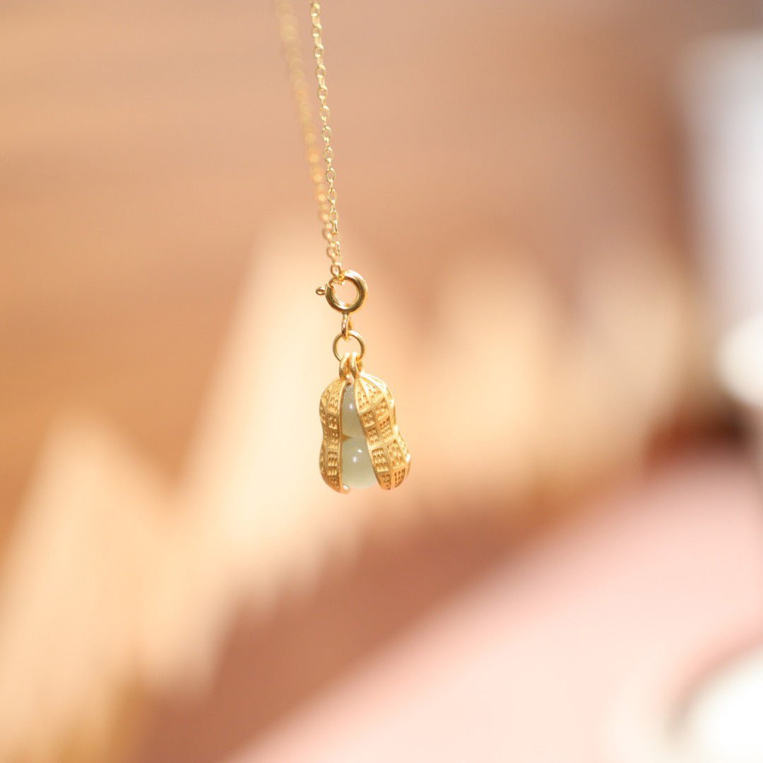 Chinese Women's Heitian Jade Necklace - Lucky Peanut Pendant in S925 Gold-Plated Silver | STAR8S