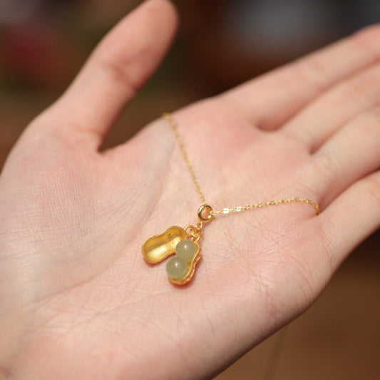 Chinese Women's Heitian Jade Necklace - Lucky Peanut Pendant in S925 Gold-Plated Silver | STAR8S