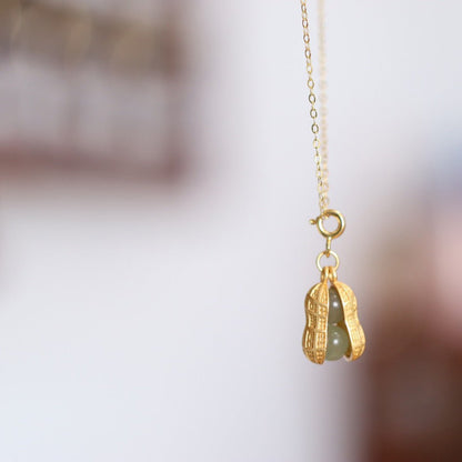 Chinese Women's Heitian Jade Necklace - Lucky Peanut Pendant in S925 Gold-Plated Silver | STAR8S