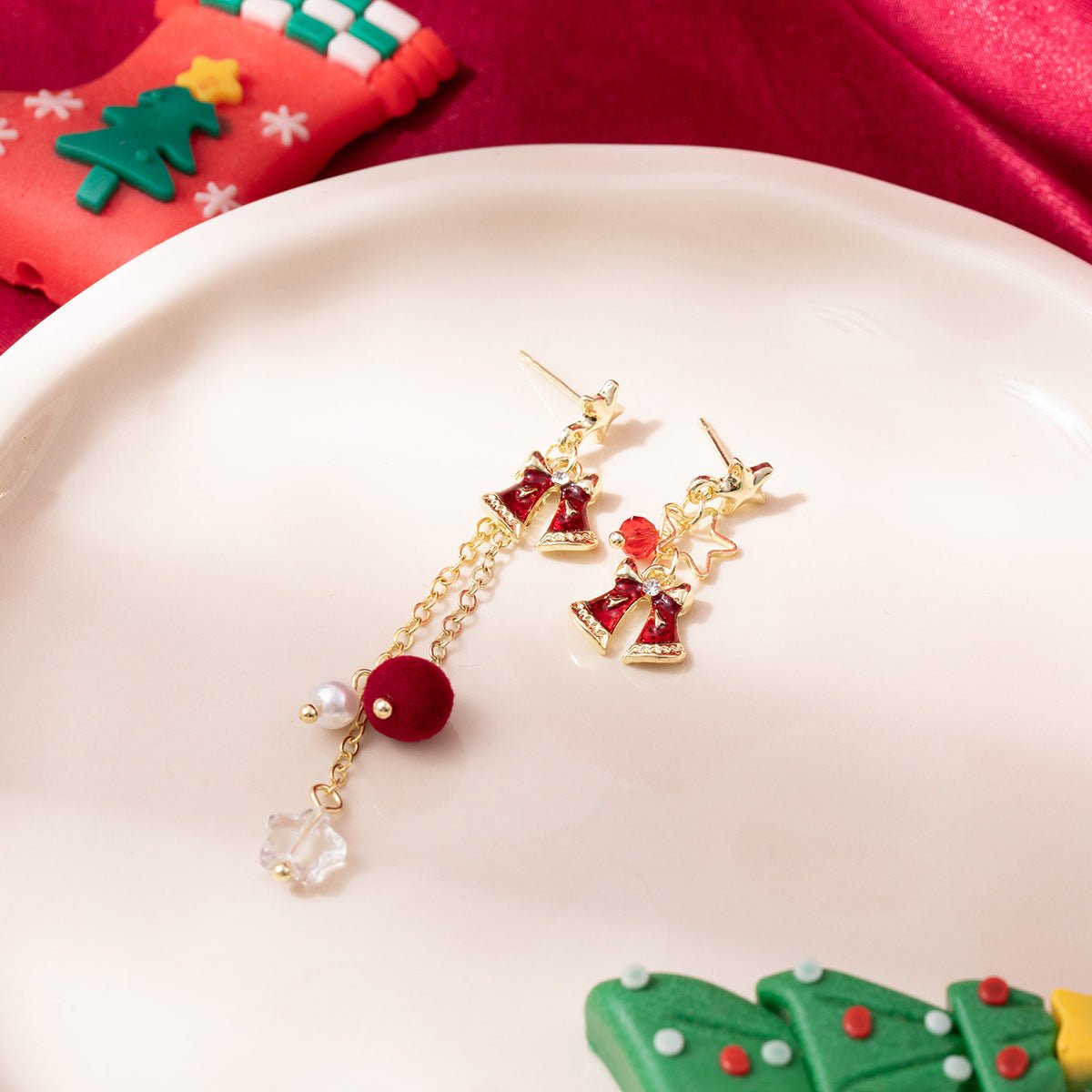 Christmas Bell & Star Earrings for Women | Festive Pom - Pom Drop Earrings | Holiday Jewelry - STAR8S