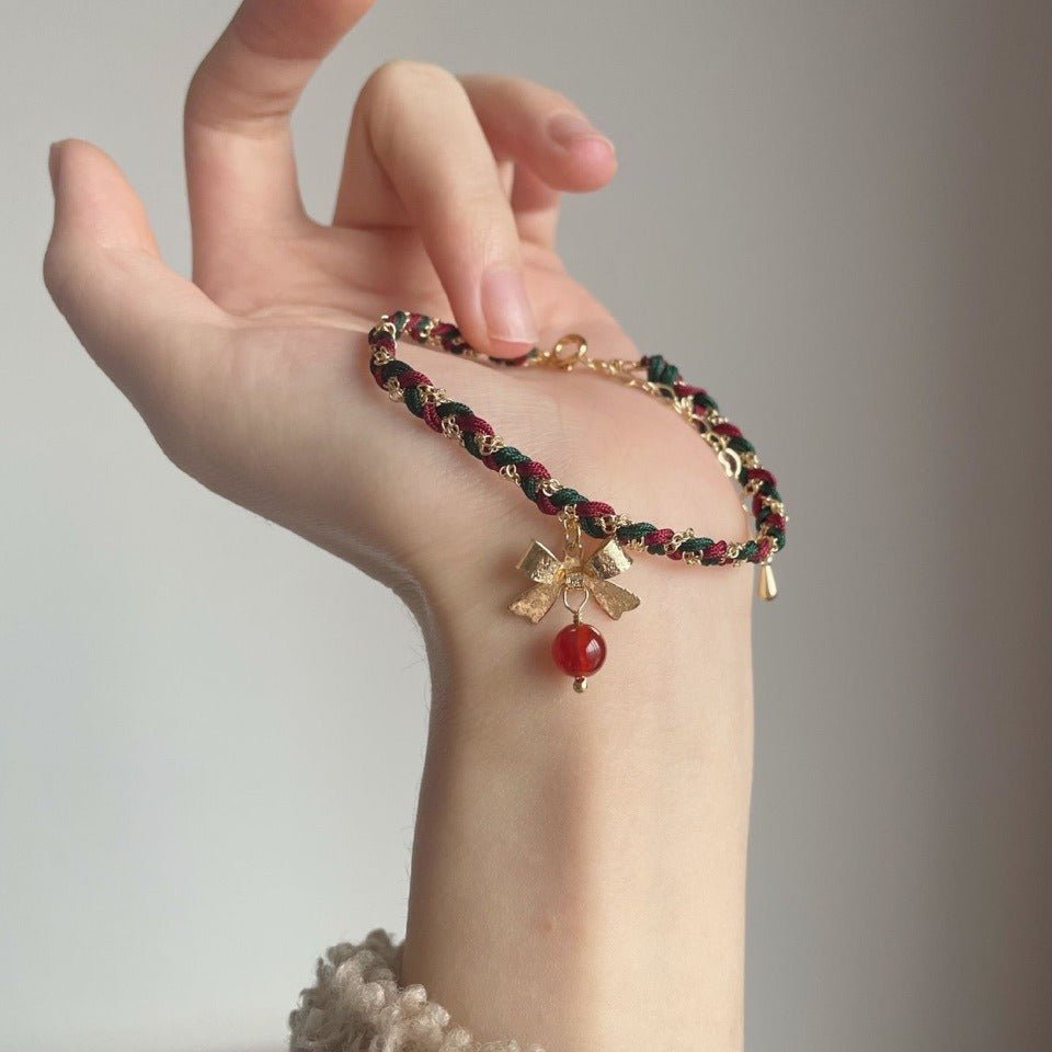 Christmas Braided Bow Bracelet - Festive Red & Green Holiday Jewelry - STAR8S