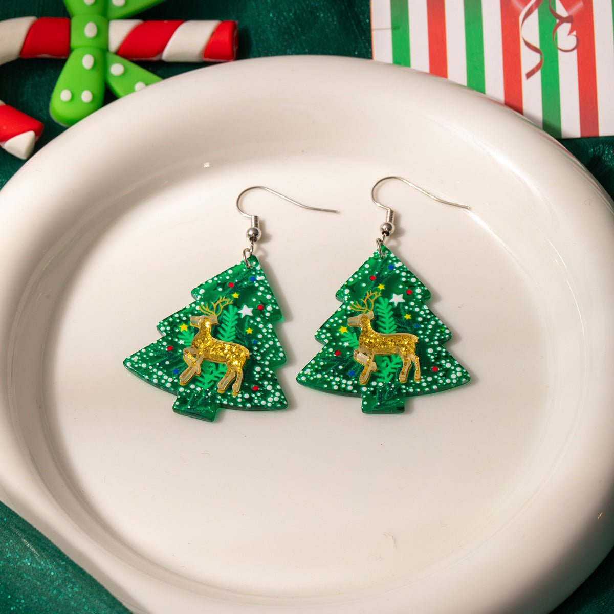 christmas earrings with reindeer & snowflake tree design – holiday jewelry for women - star8s