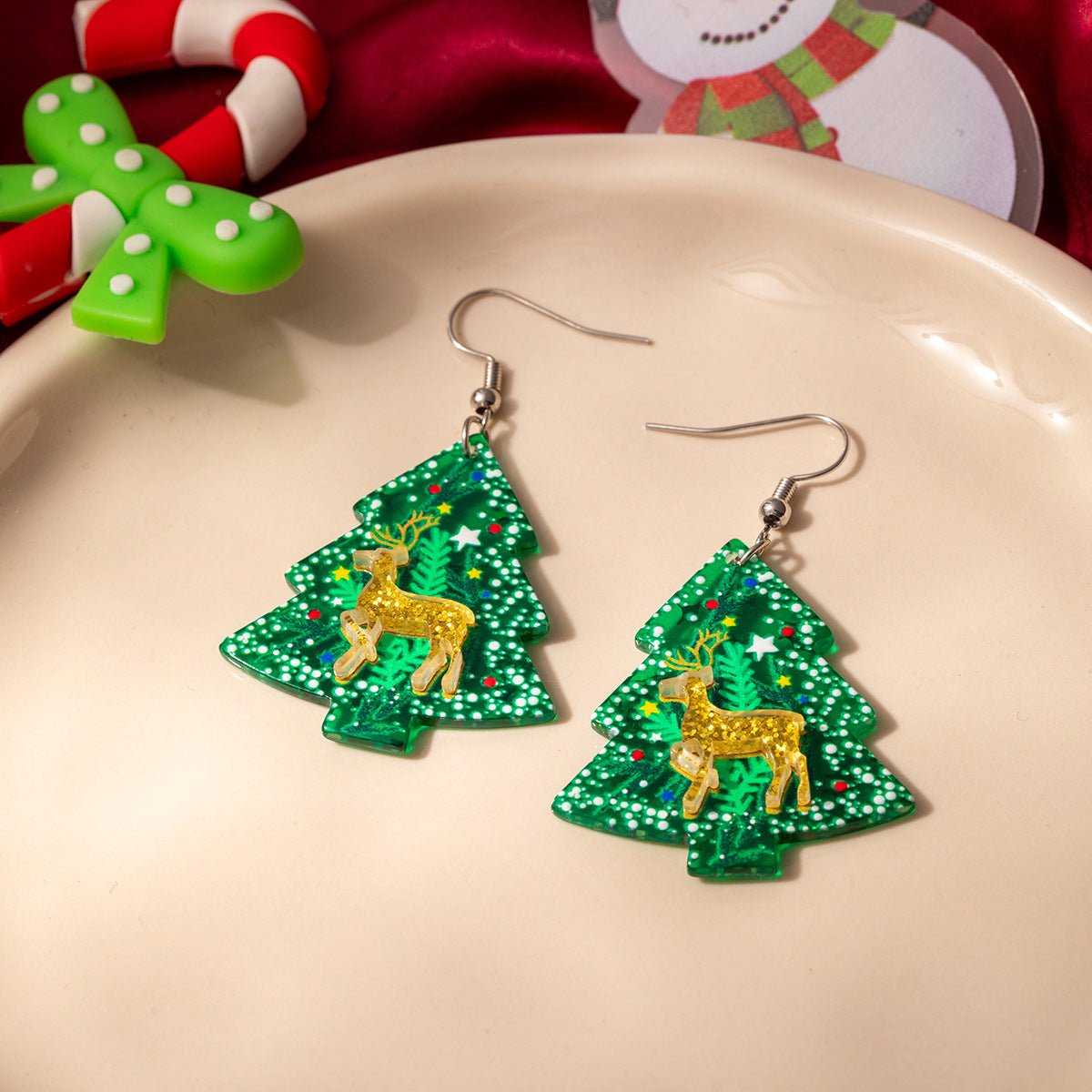 christmas earrings with reindeer & snowflake tree design – holiday jewelry for women - star8s