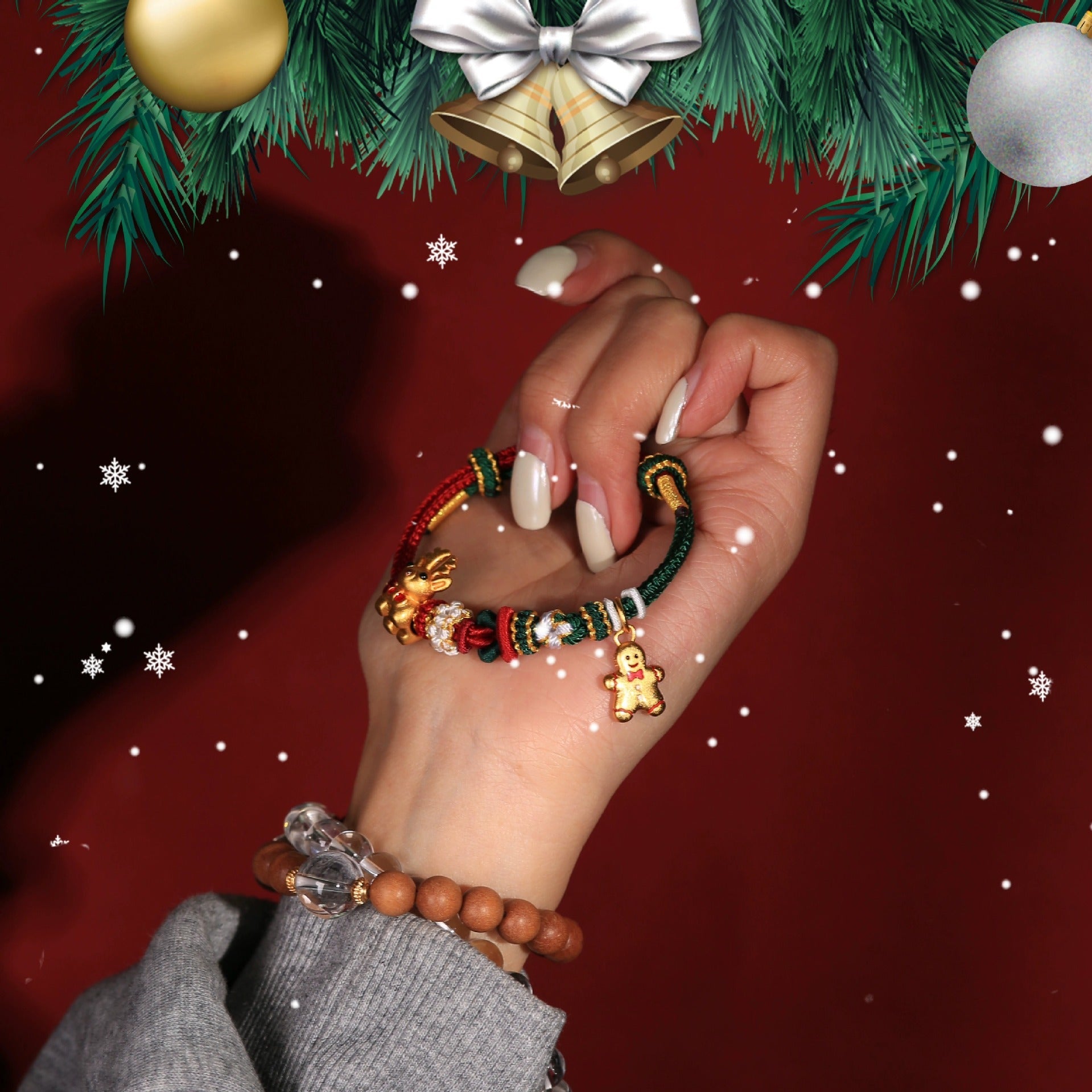 Christmas Red String Bracelet for Women – Reindeer & Gingerbread Charms New Year Gift - STAR8S