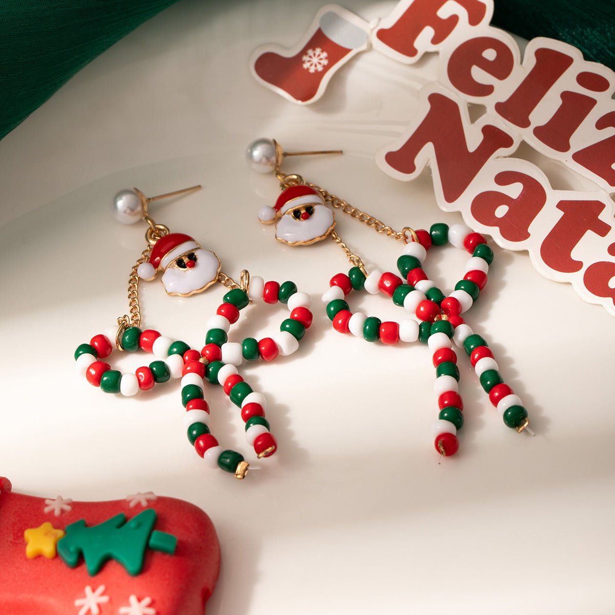 Christmas Santa & Reindeer Earrings – Fun Holiday Beaded Bow Earrings for Women | Festive Gift Idea - STAR8S