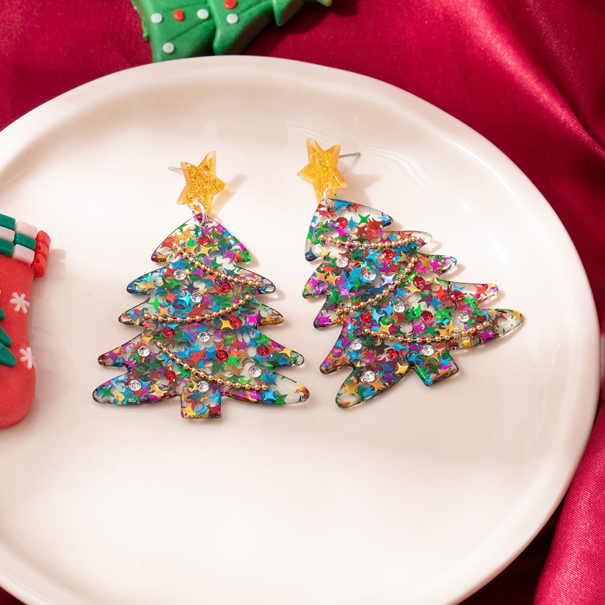 christmas tree earrings with glitter star and beads – holiday jewelry for women - star8s
