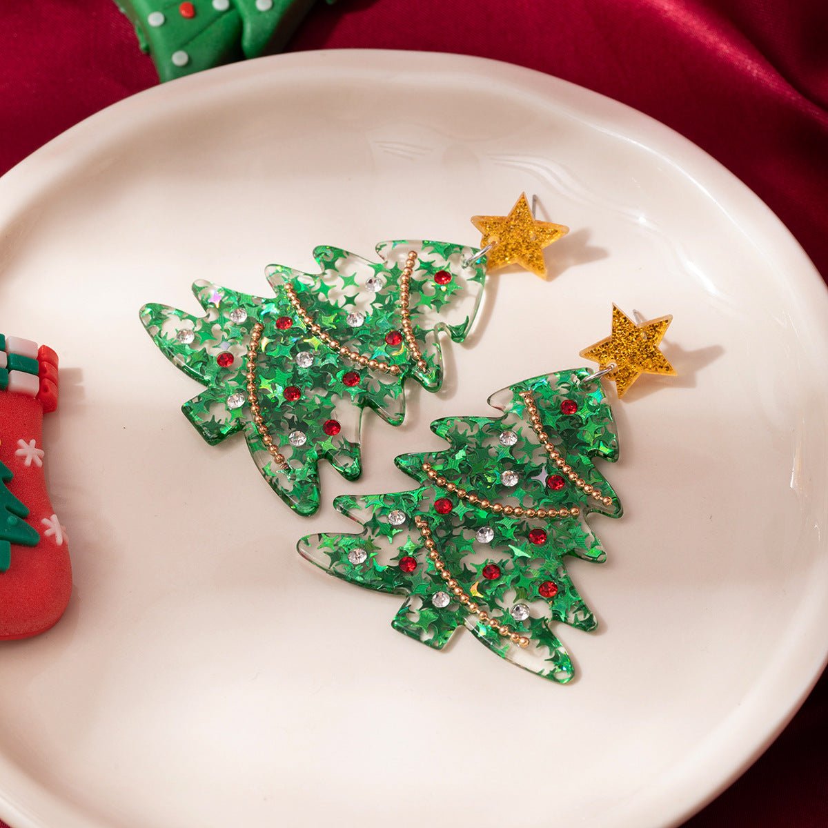 Christmas Tree Earrings with Glitter Star and Beads – Holiday Jewelry for Women - STAR8S