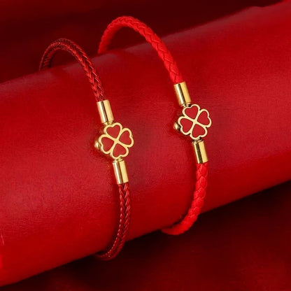 Red String Bracelet for Women Men Stainless Steel Four Leaf Clover Braided Leather Bracelet Lucky Protection Amulet Kabbalah Red Rope Wristband Friendship Jewelry Gift 8.3 Inches