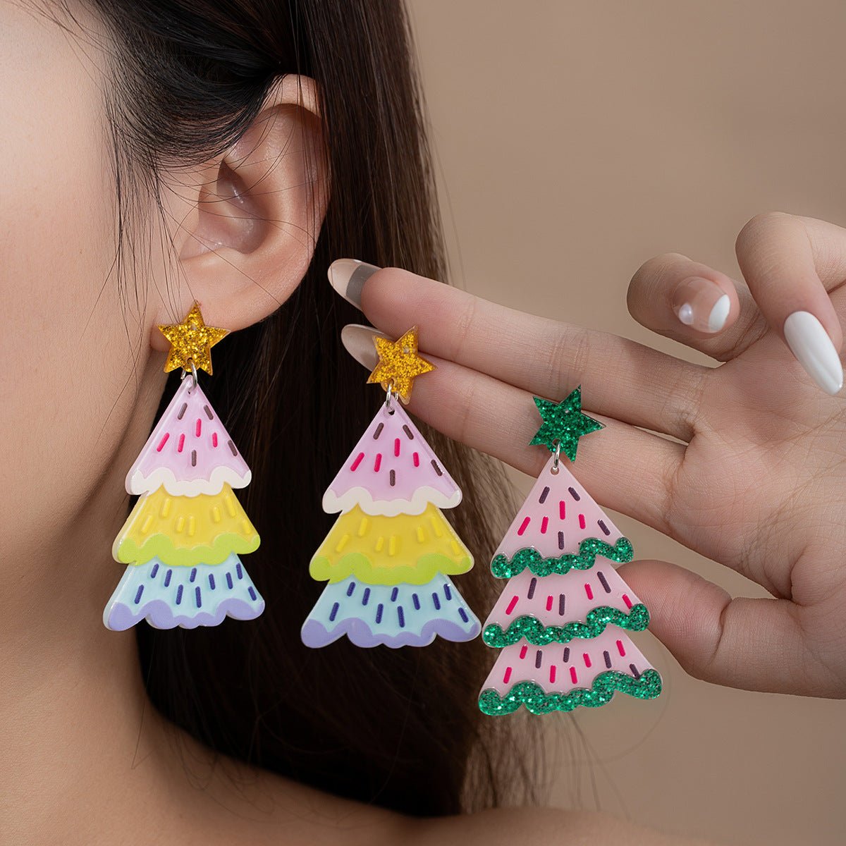 colorful christmas tree acrylic earrings – sparkly holiday earrings for women | festive star earrings - star8s