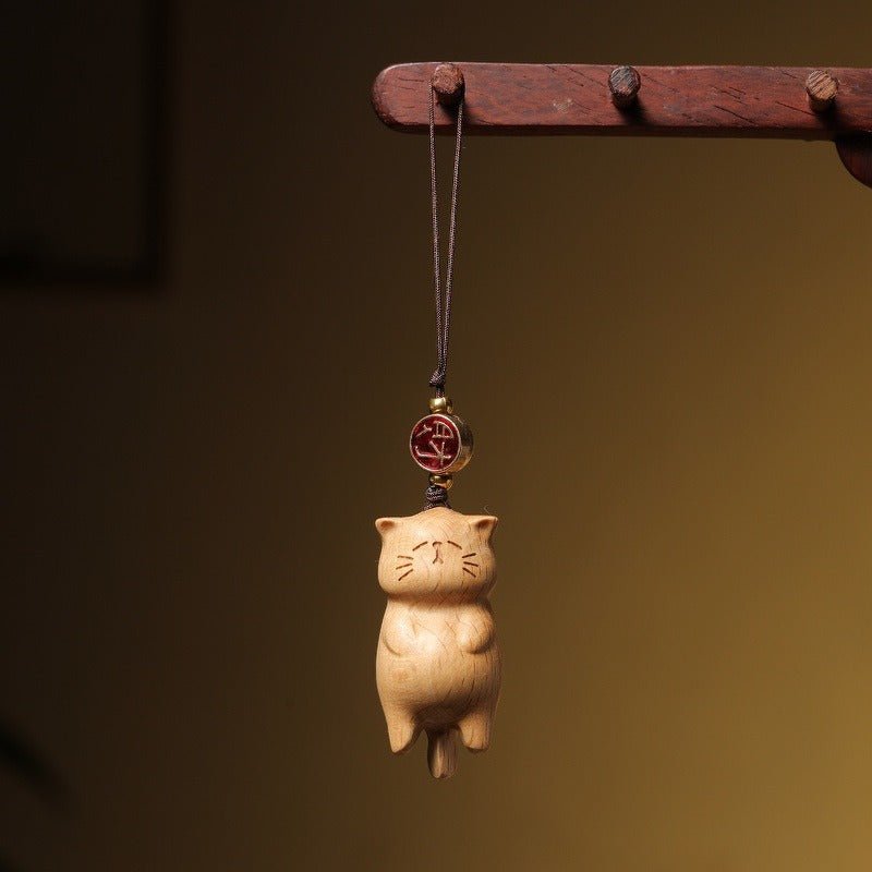 creative wooden beech cat keychain – cute hand - carved cat keychain pendant for bags - star8s