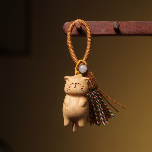 Creative Wooden Beech Cat Keychain – Cute Hand - Carved Cat Keychain Pendant for Bags - STAR8S