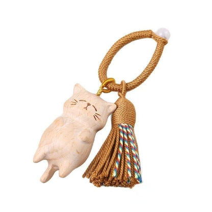 Creative Wooden Beech Cat Keychain – Cute Hand - Carved Cat Keychain Pendant for Bags - STAR8S