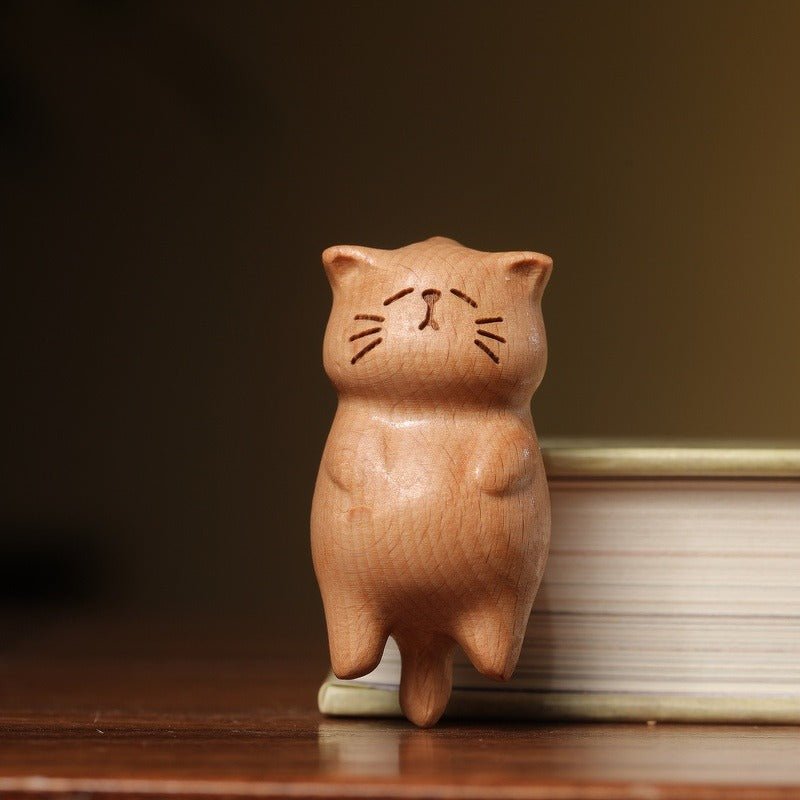 Creative Wooden Beech Cat Keychain – Cute Hand - Carved Cat Keychain Pendant for Bags - STAR8S