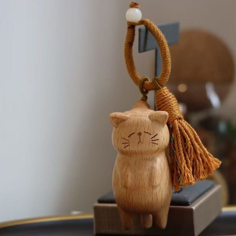 Creative Wooden Beech Cat Keychain – Cute Hand - Carved Cat Keychain Pendant for Bags - STAR8S
