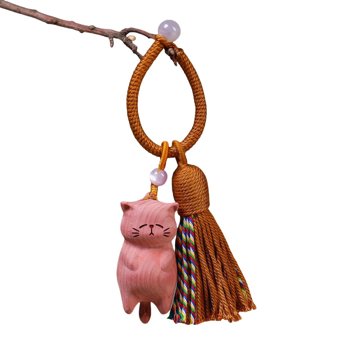 Creative Wooden Beech Cat Keychain – Cute Hand - Carved Cat Keychain Pendant for Bags - STAR8S
