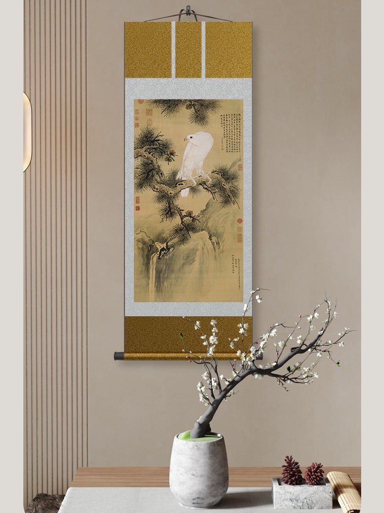 cultural chinese painting: hd print castiglione’s white eagle with pine tree scroll | star8s