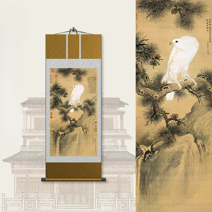 Cultural Chinese Painting: HD print Castiglione’s White Eagle with Pine Tree Scroll | STAR8S