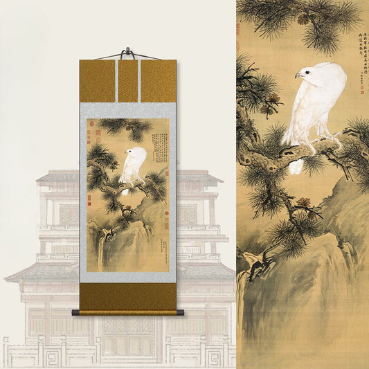 Cultural Chinese Painting: HD print Castiglione’s White Eagle with Pine Tree Scroll | STAR8S