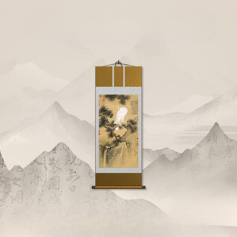 cultural chinese painting: hd print castiglione’s white eagle with pine tree scroll | star8s