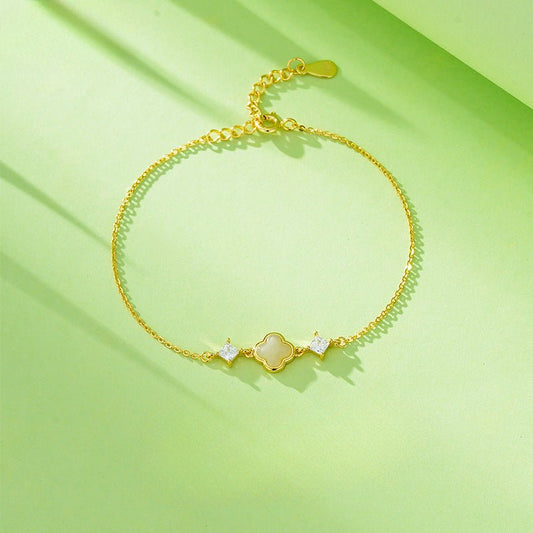 Cultural Gold Plated Jade Bracelet: Hetian Lucky Clover Gift for Her | STAR8S