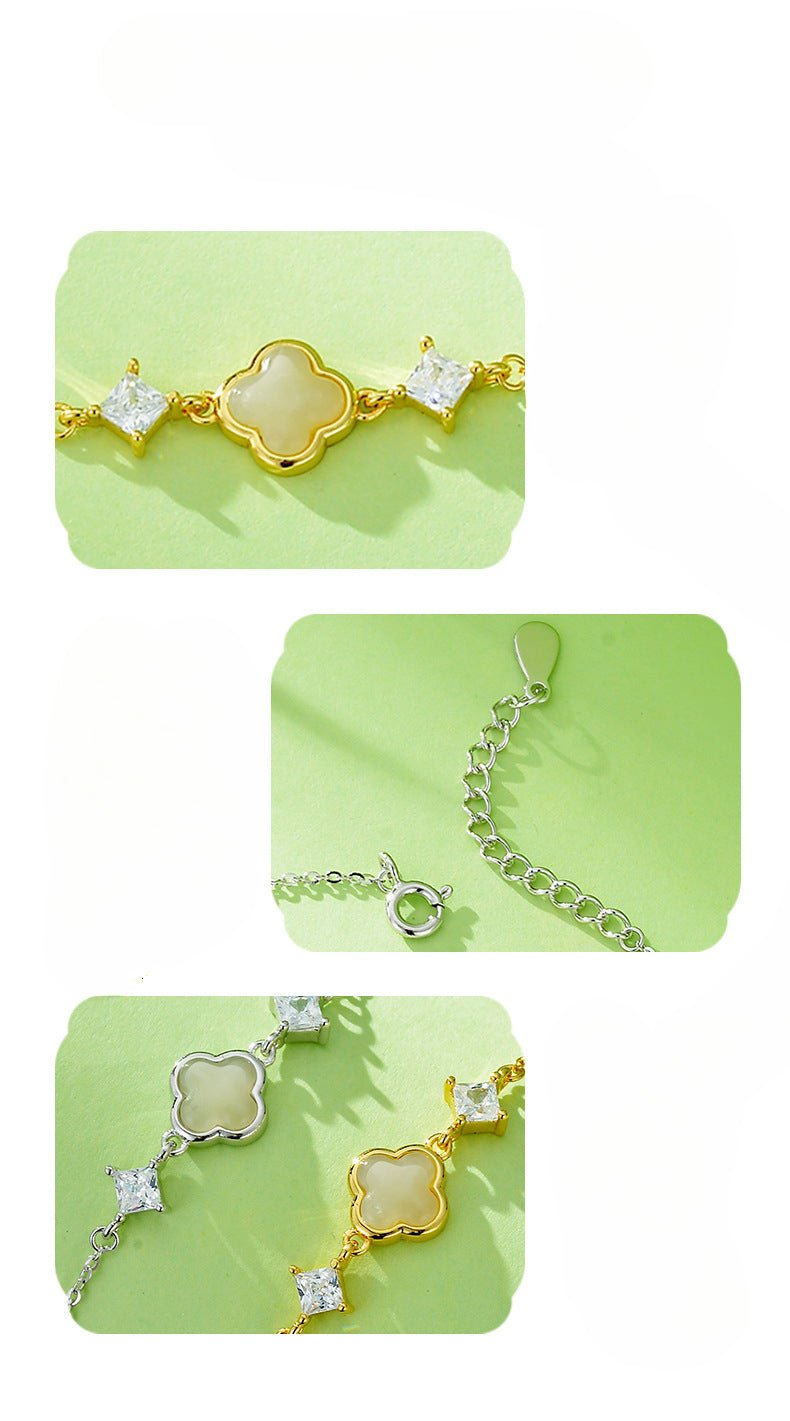 Cultural Gold Plated Jade Bracelet: Hetian Lucky Clover Gift for Her | STAR8S