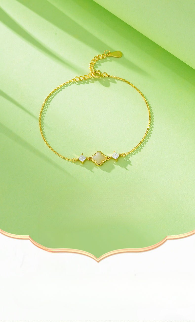 Cultural Gold Plated Jade Bracelet: Hetian Lucky Clover Gift for Her | STAR8S