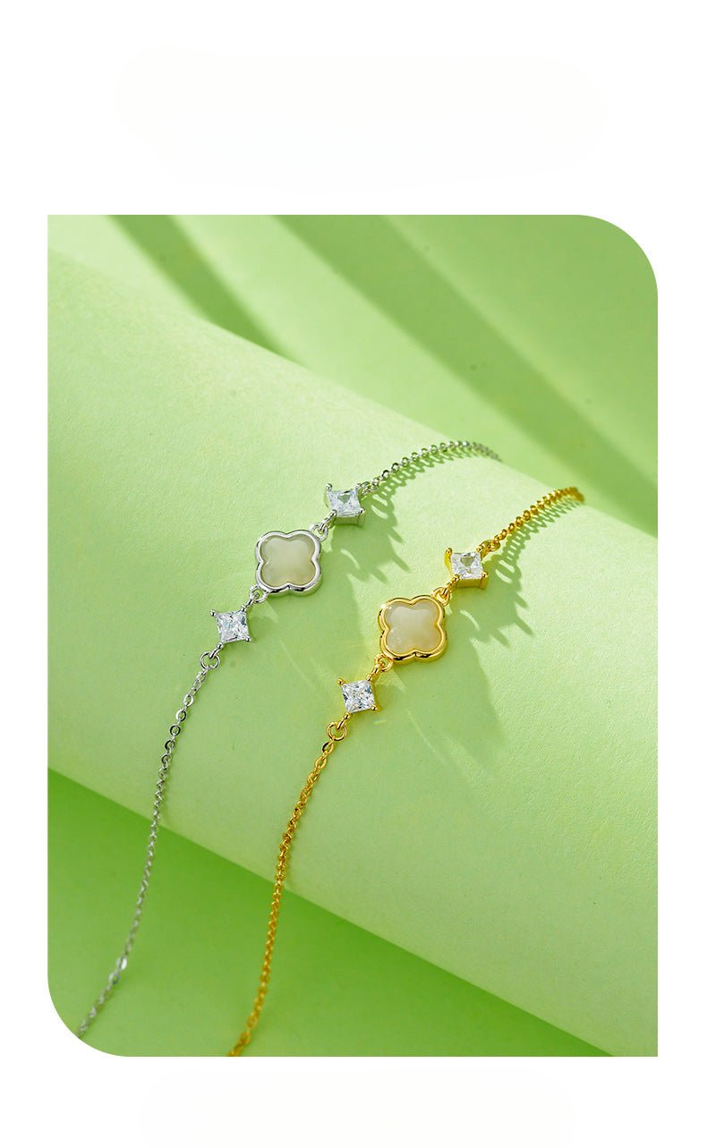 Cultural Gold Plated Jade Bracelet: Hetian Lucky Clover Gift for Her | STAR8S