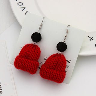 cute woolen christmas hat earrings - cozy winter knitted earrings with colorful pom poms - star8s