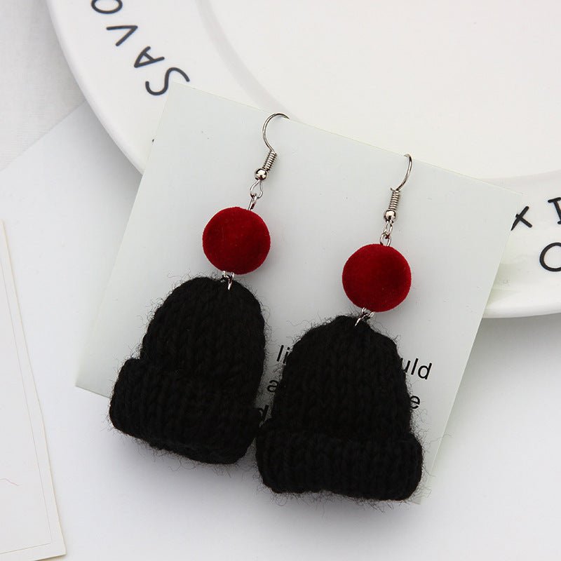 cute woolen christmas hat earrings - cozy winter knitted earrings with colorful pom poms - star8s