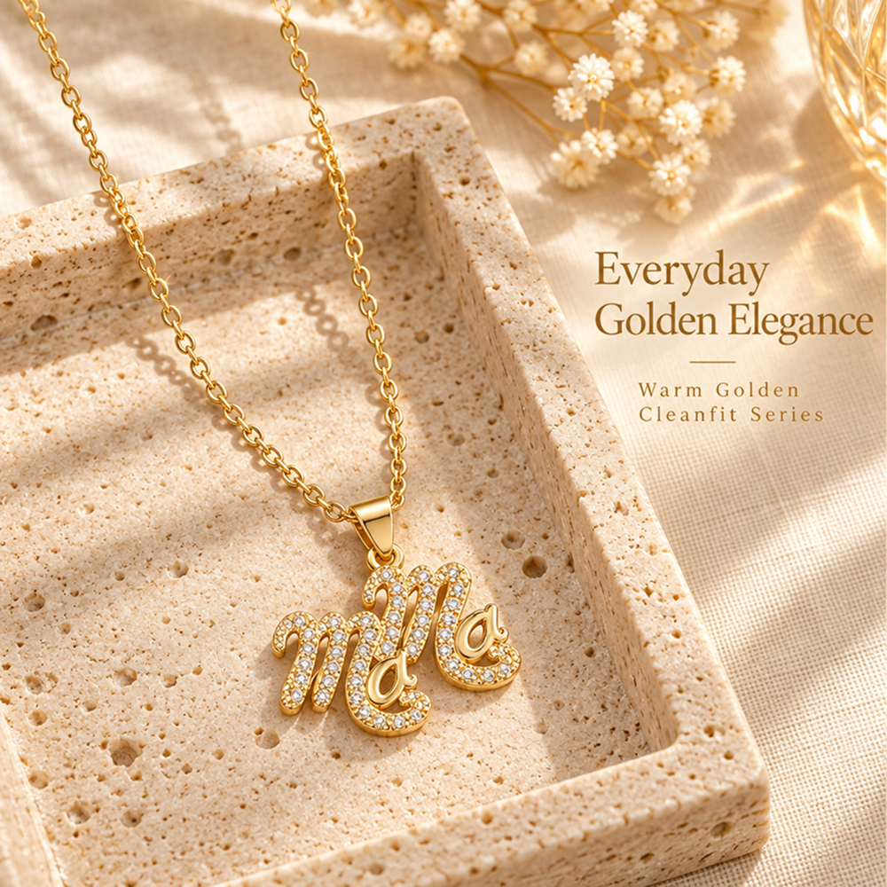 gold-plated brass mama pendant necklace with sparkling details and adjustable extender