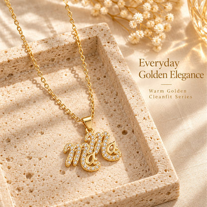 Gold-Plated Brass MAMA Pendant Necklace with Sparkling Details and Adjustable Extender