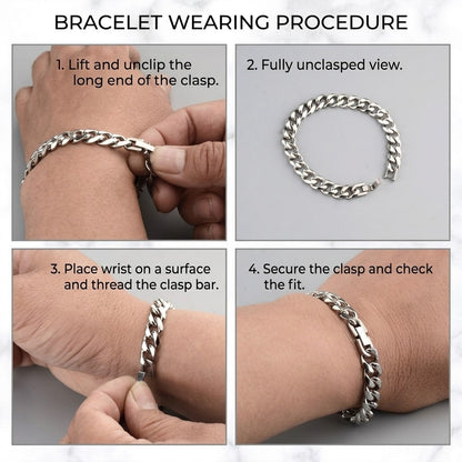 Waterproof Tarnish Free Titanium Steel Cuban Chain Bracelet Heavy Duty Sleek Fold Over Watch Band Clasp Durable Comfort Fit Industrial Jewelry Gift for Him Her