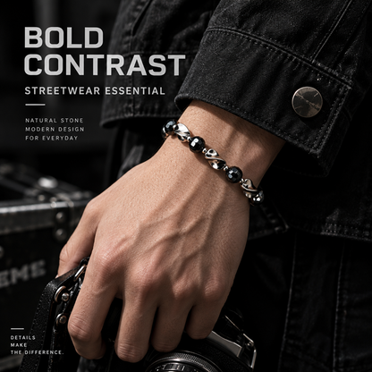 Black Hematite Beaded Bracelet for Men and Women, Geometric Faceted Round Beads with Polished Silver-Tone Twisted Accents, Lobster Clasp and Adjustable Extension Chain, Modern Minimalist Style for Everyday Streetwear, Watch Stacking and Casual Outfit