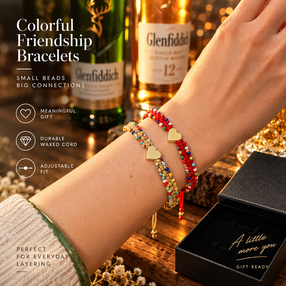 handwoven beaded heart bracelet for women, multicolor beads and gold-tone heart centerpiece, adjustable sliding knot cord closure, sweet boho style with decorative beaded edges and dangling cord ends, everyday jewelry for birthdays and friendship gif