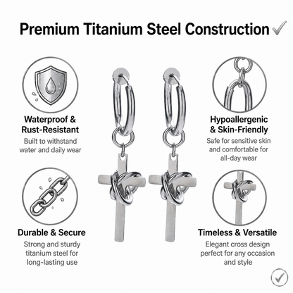Men's Cross Drop Hoop Earrings Titanium Steel Non Tarnish Twisted Wire Entwined Cross Dangle Earrings Punk Gothic Hip Hop Ear Jewelry Streetwear Ear Clips for Men Pierced Non-Pierced Silver Color
