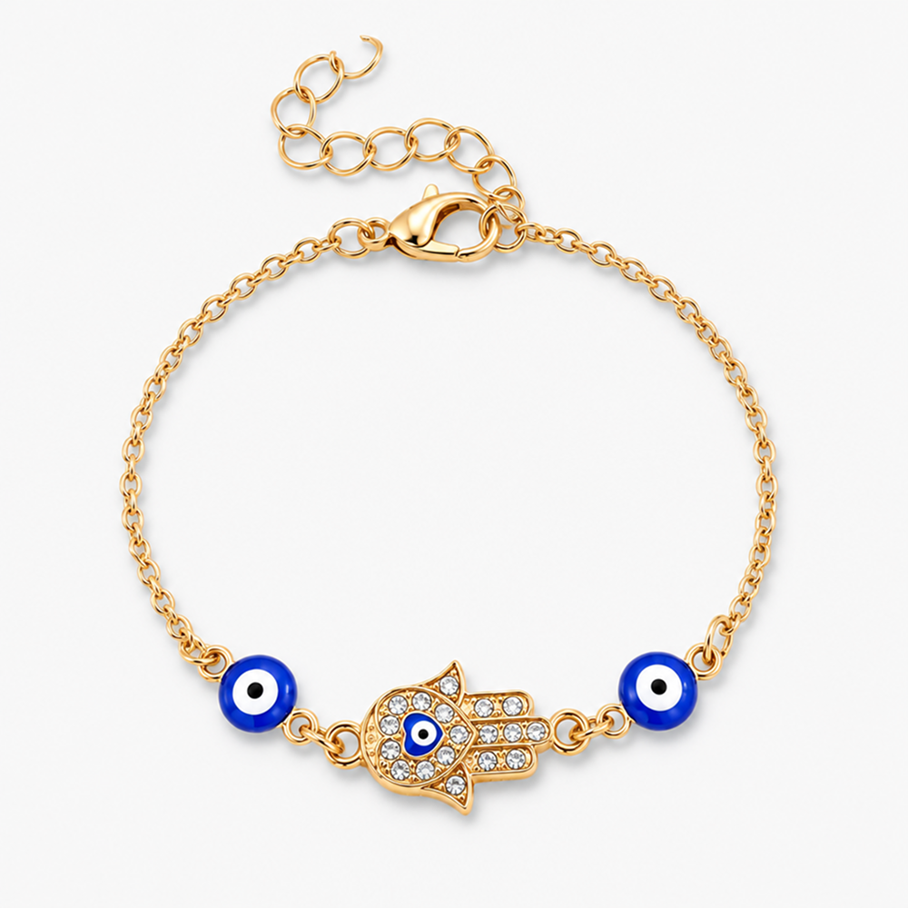 women's gold-tone evil eye bracelet with hand charm and adjustable extender