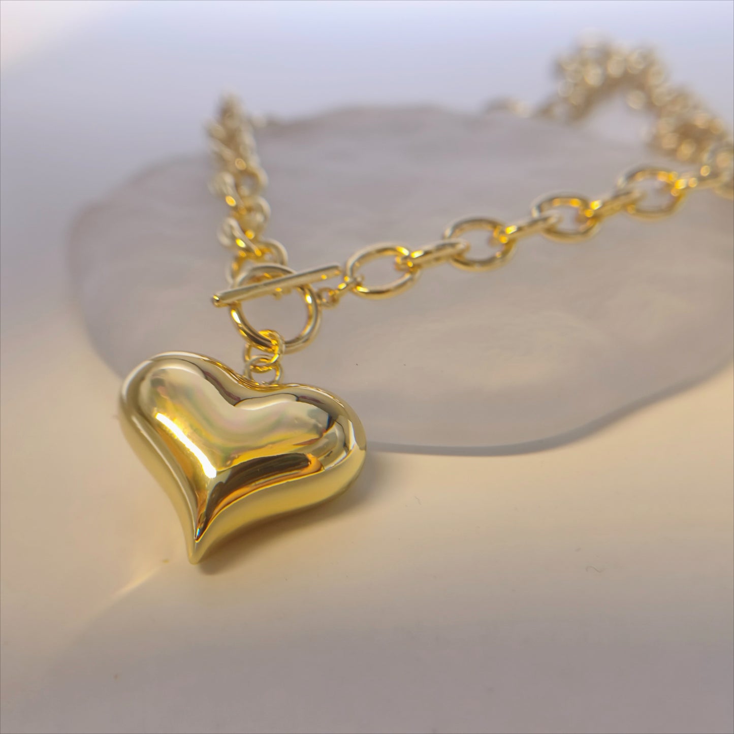 gold plated chunky chain necklace for women puffy heart pendant necklace minimalist bold link chain necklace with front ot toggle clasp jewelry gift