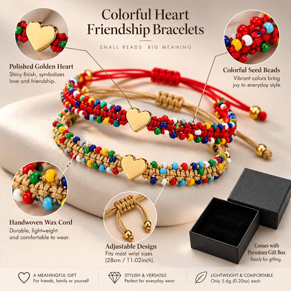 handwoven beaded heart bracelet for women, multicolor beads and gold-tone heart centerpiece, adjustable sliding knot cord closure, sweet boho style with decorative beaded edges and dangling cord ends, everyday jewelry for birthdays and friendship gif