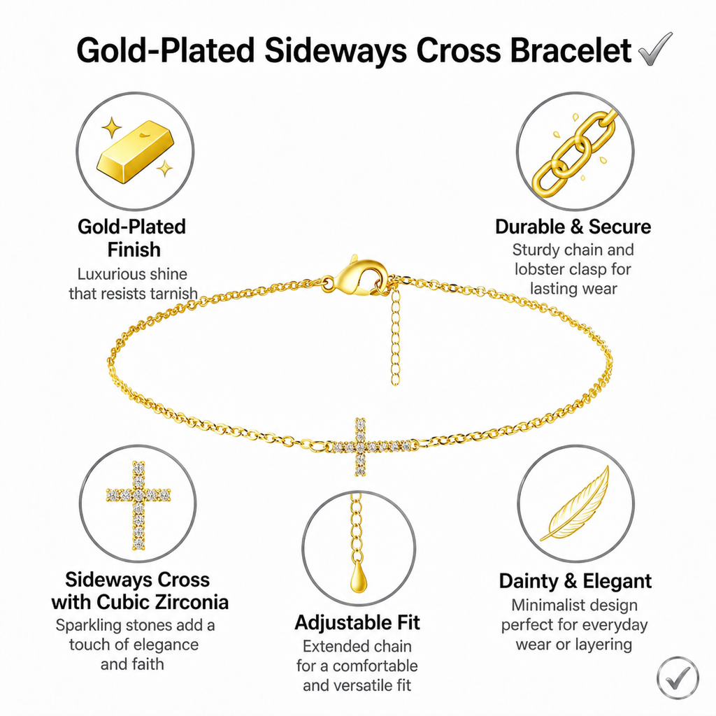 gold-tone cross brass bracelet for women dainty sideways cross chain bracelet sparkly cubic zirconia faith charm jewelry gift adjustable lobster clasp