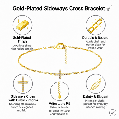 Gold-tone Cross Brass Bracelet for Women Dainty Sideways Cross Chain Bracelet Sparkly Cubic Zirconia Faith Charm Jewelry Gift Adjustable Lobster Clasp