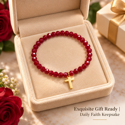 Red Faceted Bead Bracelet with Gold-Tone Cross Charm