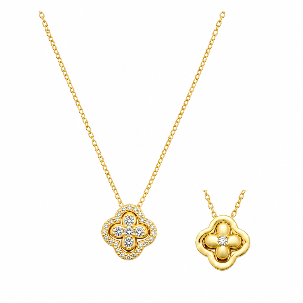 convertible four-leaf clover brass necklace for women – gold-plated lucky crystal pendant, dainty choker with adjustable link chain, valentine's day jewelry gift for her